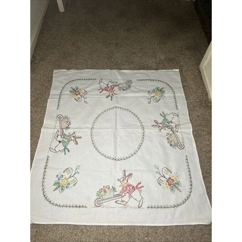 Vintage Embroidered Bunny Easter Egg Blue Flower White Small Tablecloth